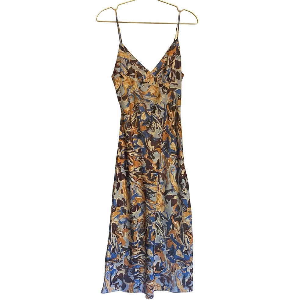 Abercrombie Fitch Abstract Swirl Print Midi Slip Dress Blue Brown Size S